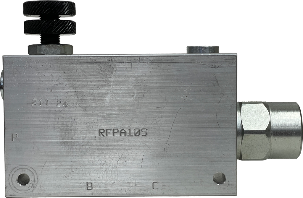 RFP-A-12-A-SAE10|Pressure compensated flow control, 3 way, 100 l/min, 26 gpm inlet, 17 gpm regulated