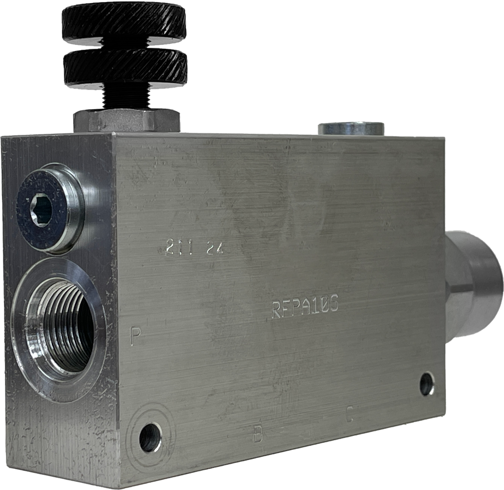 RFP-A-12-A-SAE10|Pressure compensated flow control, 3 way, 100 l/min, 26 gpm inlet, 17 gpm regulated