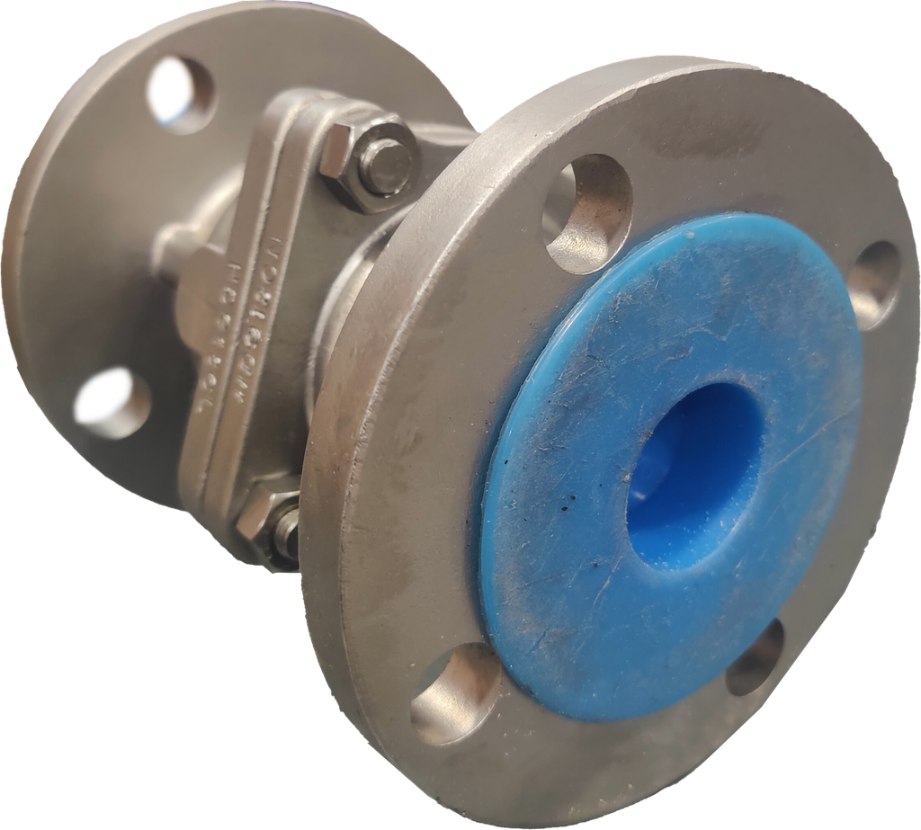 NACE MR0175|2" Hydraulic Ball Valve used to control the flow of liquids. The valve features a metallic body with flanged connections at both ends for connecting pipes. It also has a long handle attached to the side for manual operation.