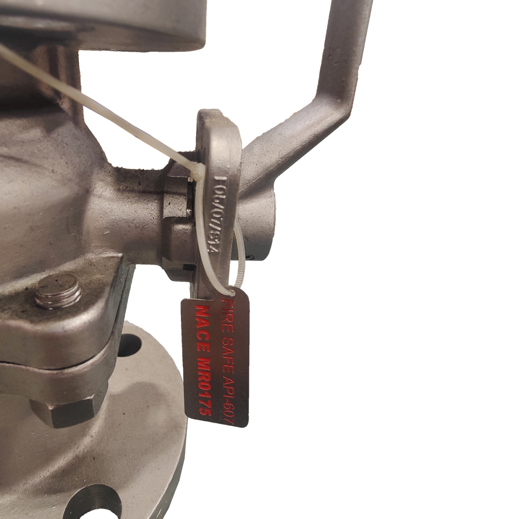 NACE MR0175|2" Hydraulic Ball Valve used to control the flow of liquids. The valve features a metallic body with flanged connections at both ends for connecting pipes. It also has a long handle attached to the side for manual operation.