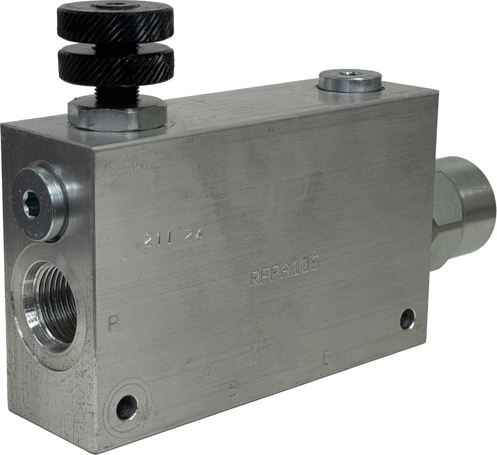 RFP-A-12-A-SAE10|Pressure compensated flow control, 3 way, 100 l/min, 26 gpm inlet, 17 gpm regulated