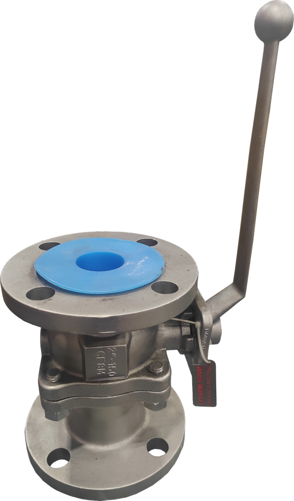 NACE MR0175|2" Hydraulic Ball Valve used to control the flow of liquids. The valve features a metallic body with flanged connections at both ends for connecting pipes. It also has a long handle attached to the side for manual operation.