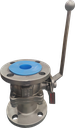 NACE MR0175|2" Hydraulic Ball Valve used to control the flow of liquids. The valve features a metallic body with flanged connections at both ends for connecting pipes. It also has a long handle attached to the side for manual operation.
