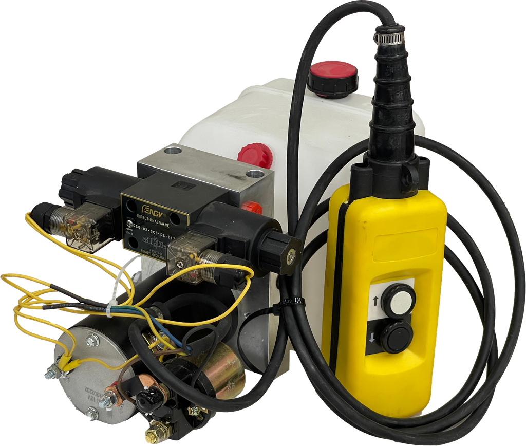 Double acting power unit, 0.5cc/rev-3000 psi relief setting- 12VDC motor, D03 Valve, 1Gal plastic tank, 2 button pendant.